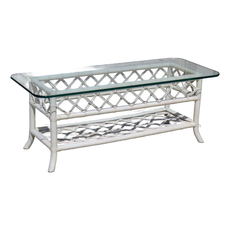 Vintage 1970s Coastal Rattan Coffee Table with Turquoise Glass Top