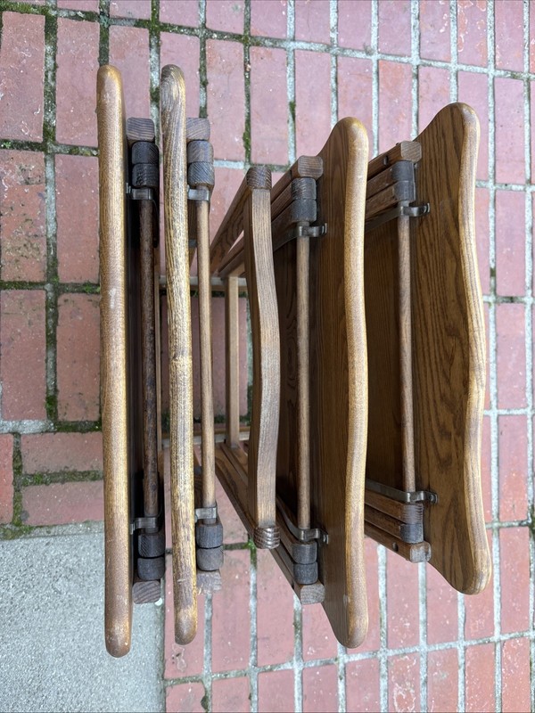 Vintage Set of 4 Unique Folding TV Table Trays & Rack Solid Oak Wood gallery