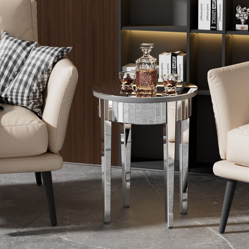 Modern Glam Glass Mirrored Round Silver Side Accent Table frameless Heavy Duty gallery