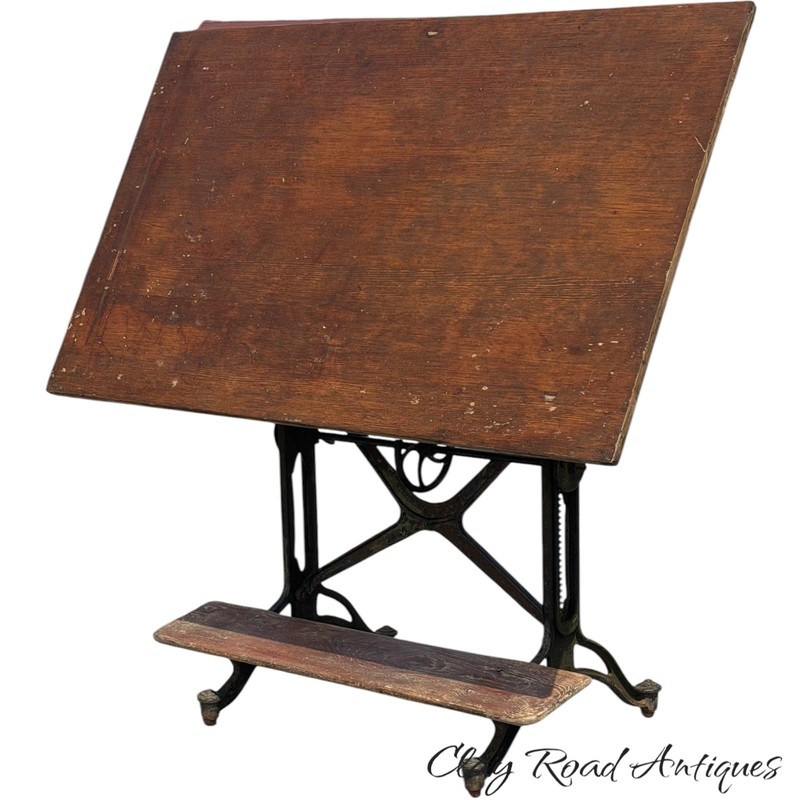 antique cast iron & oak drafting table drawing architects old green paint c1910