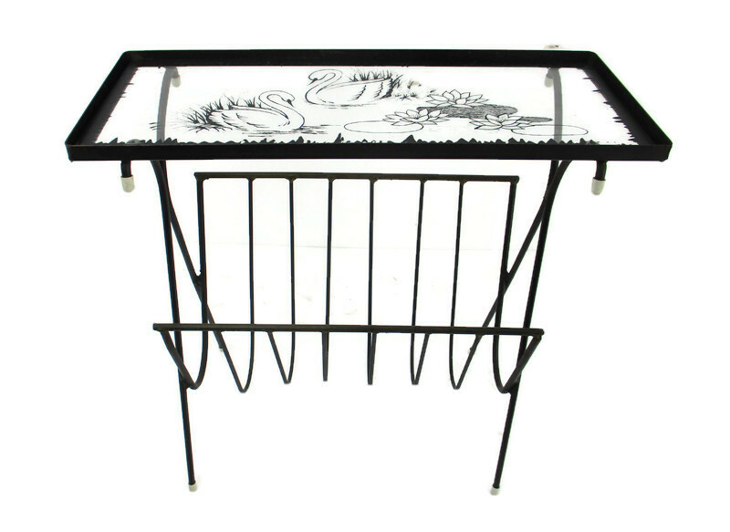 Side Table Magazine Rack Wrought Iron Legs Glass Top Hand painted Swans Vintage