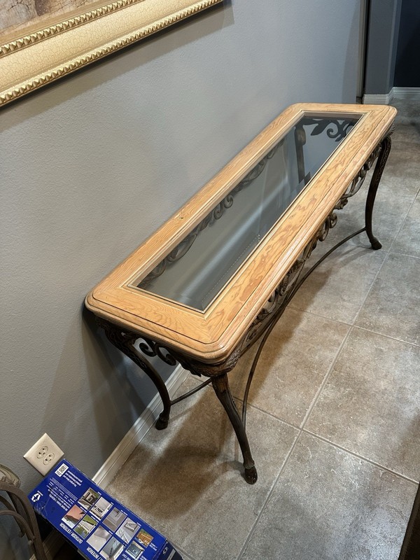 Antique Finish Console Table Glass Top Carved Metal Legs Rectangular Indoor gallery