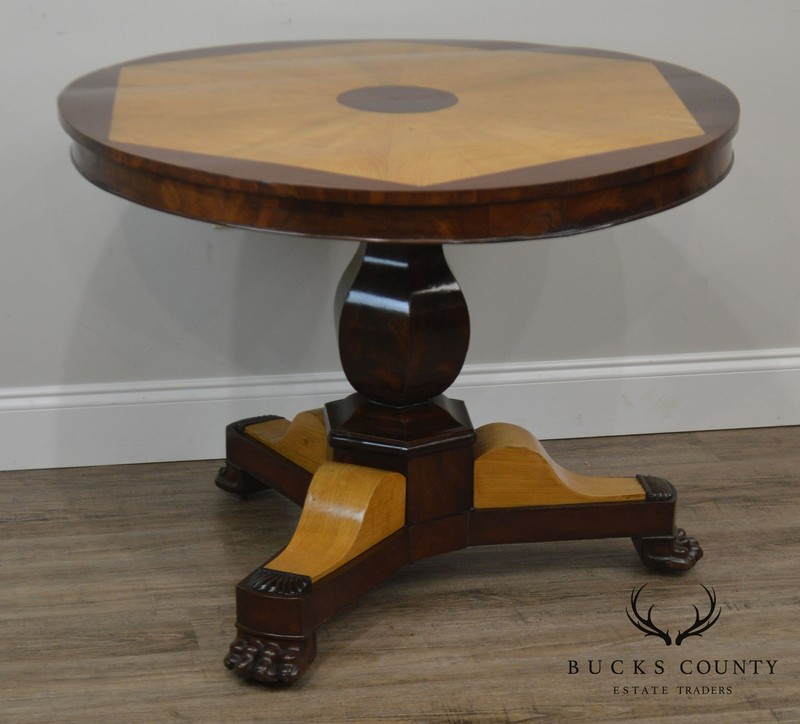 French Charles X Antique Mahogany & Elm Wood 2 Tone Round Center Table gallery