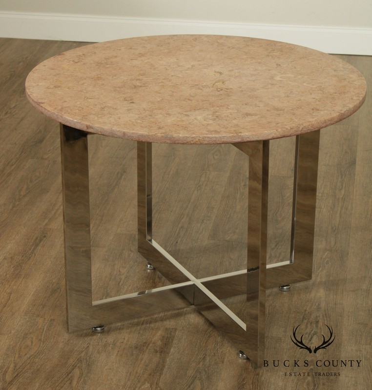 Mid Century Modern Chrome Base 36" Round Marble Top Side Table gallery