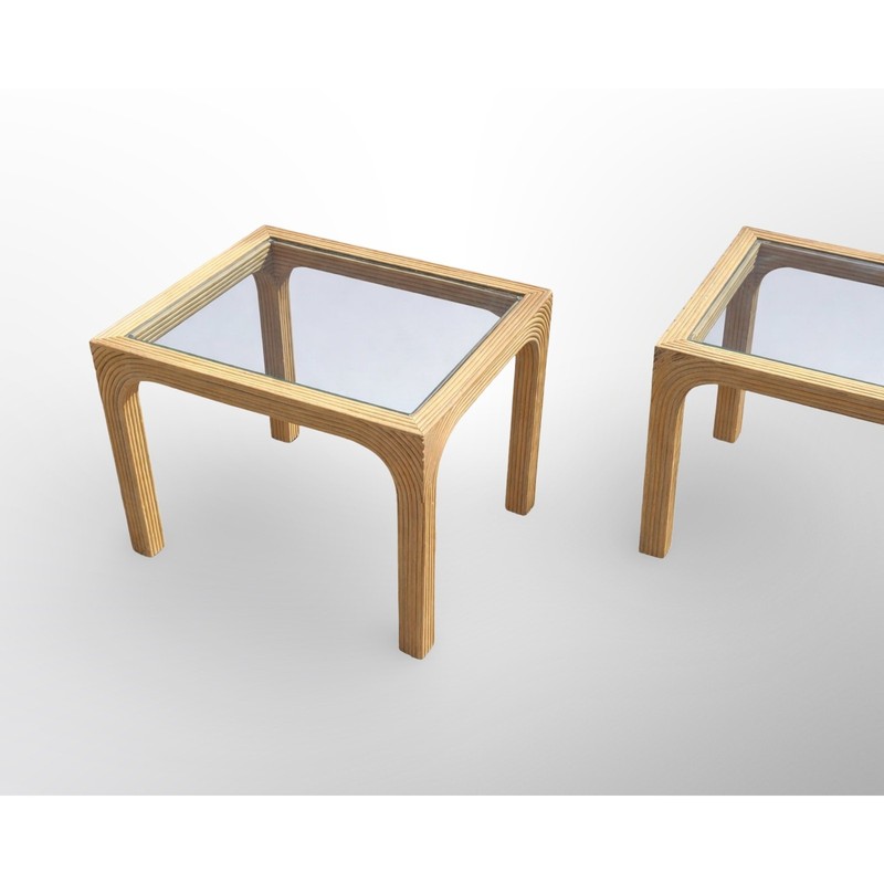 Split Reed Side Tables Pair Mid Century Modern Rattan with Glass Tops MCM gallery