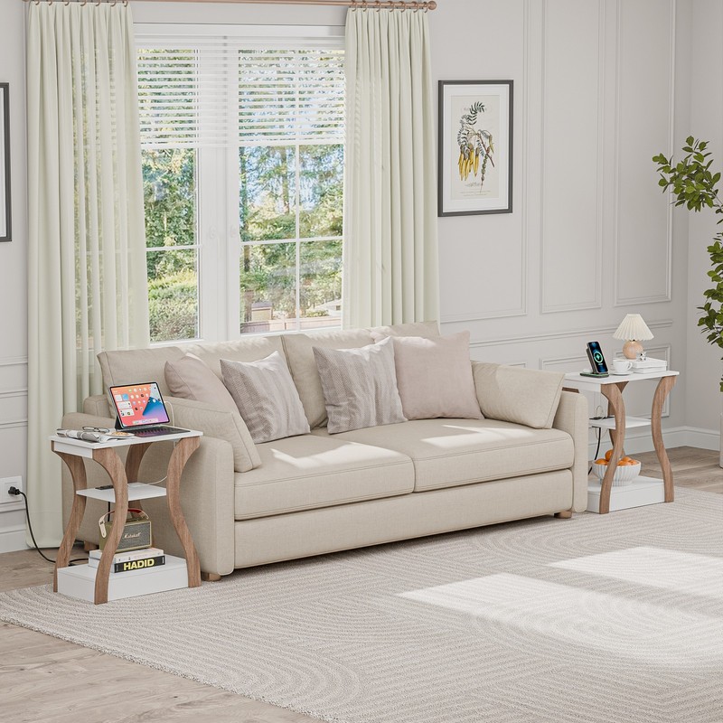 Set of 2 End Tables 3 Tier Nightstand for Bedroom with Charging Station White gallery