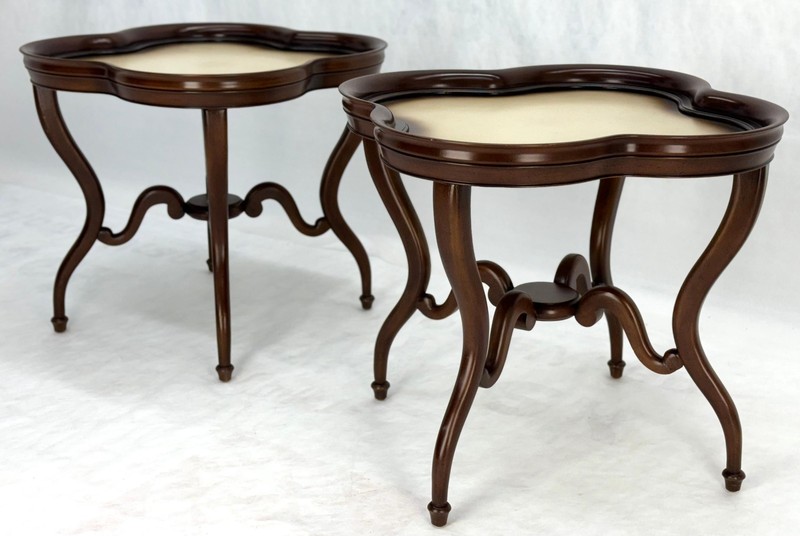 Pair Mahogany Clover Shape Light Cream Leather Top Lamp End Tables Stands MINT! gallery