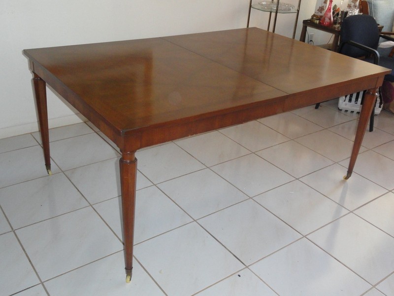 RARE 1950s WALTER WABASH PARQUETRY TOP & HEXAGONAL LEGS DINING TABLE w/ 2 LEAVES gallery