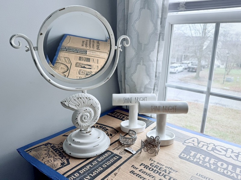 Vintage White Metal Shell Table Mirror - Factory Distressed, 19”(H) x 15.5”(W) A