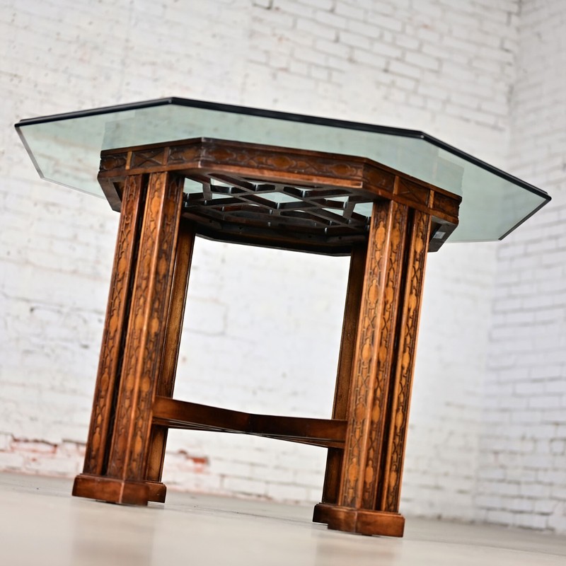 Chinese Chippendale Drexel Heritage Octagon Center or Dining Table w/Glass Top