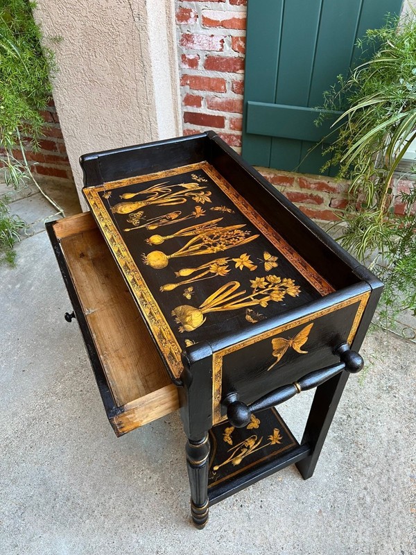 Antique English Sofa Side Table Decoupage Botanical Floral Black Gold c1890 gallery