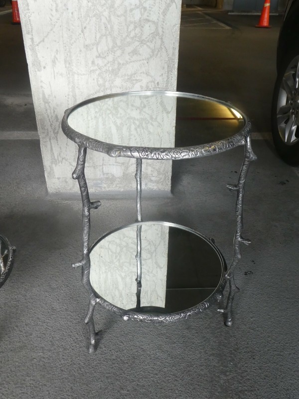 VINTAGE PAIR OF TWO TIER ROUND ALUMINUM TREE BRANCH TABLES gallery