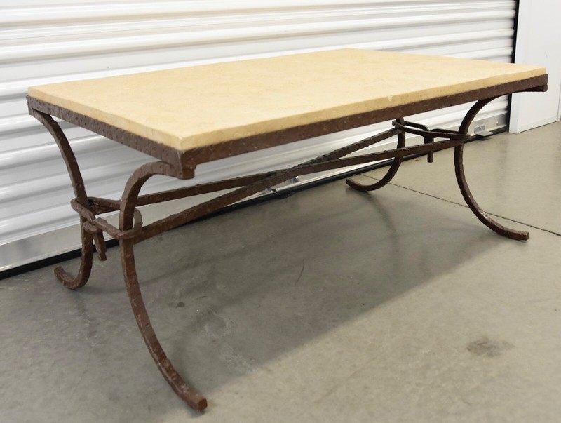 1970s Brutalist Rustic Iron Stone Top Coffee Table gallery