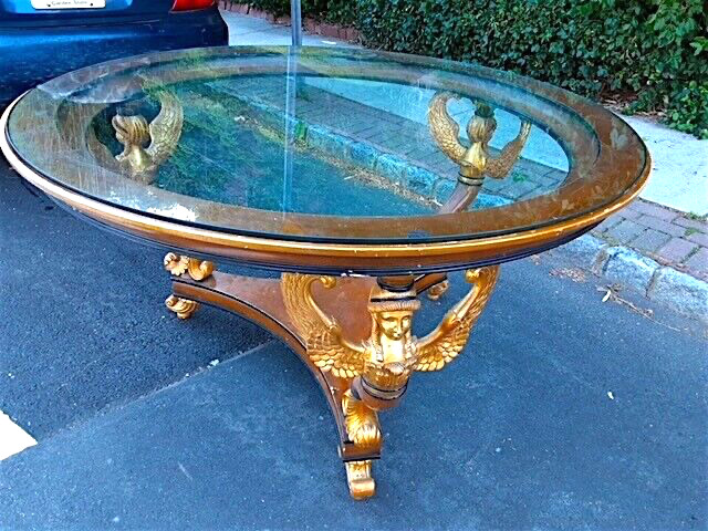 Large French Center Table -19th Cent- 3 hand carved Caryatids -beveled glass top