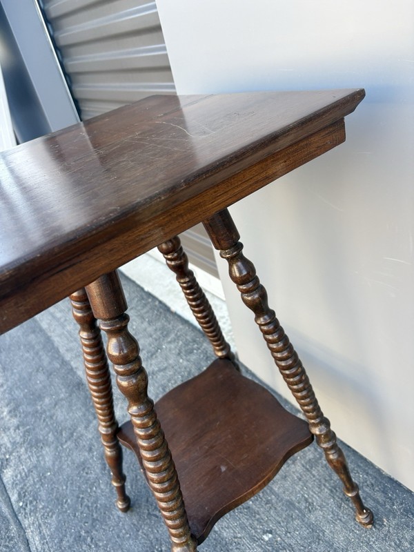 Antique Victorian Square Table with bottom shelf two tier Solid Mahogany gallery