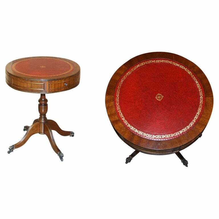 REGENCY STYLE MAHOGANY OXBLOOD LEATHER SIDE END LAMP WINE DRUM TABLE DRAWERS