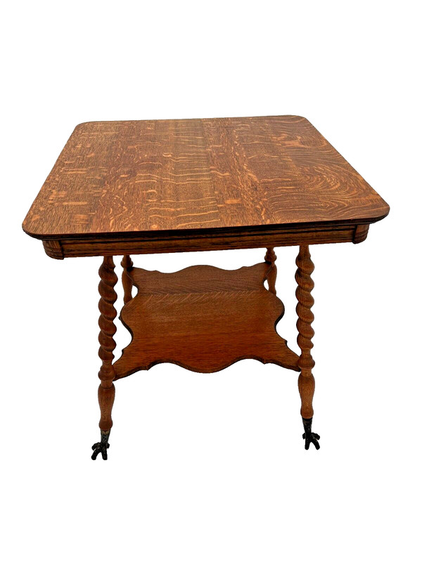 Antique Victorian Table bottom shelf Oak Barley Twist legs Glass Ball Claw feet gallery