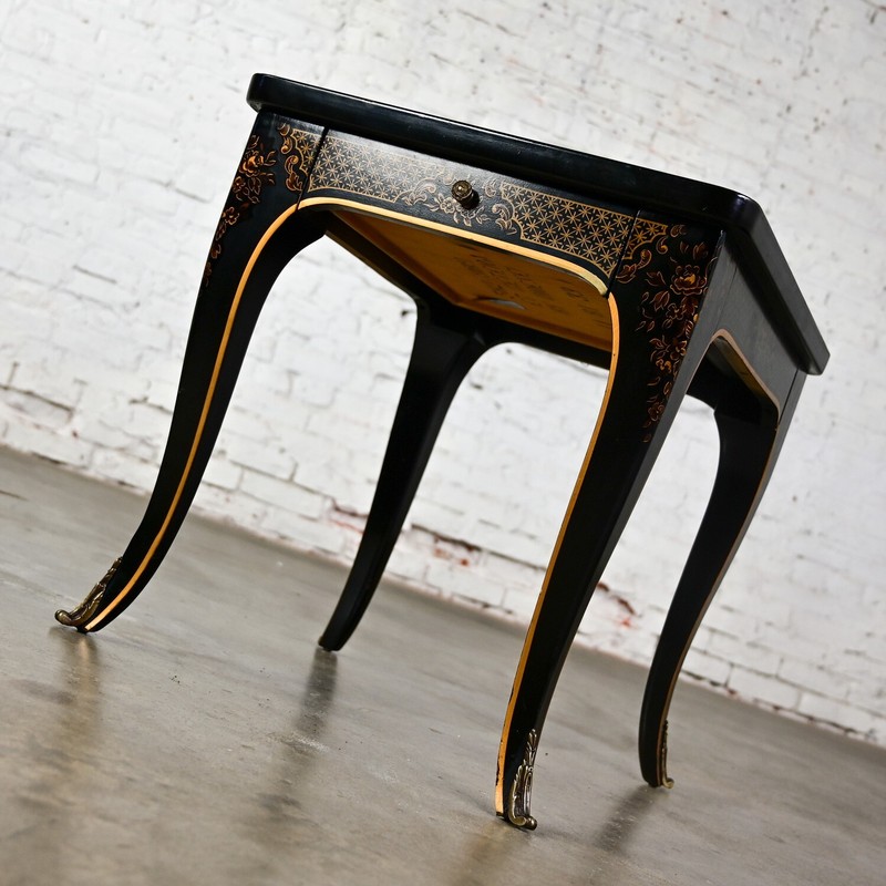 1982 Drexel Heritage ET Cetera Chinoiserie End Table Black & Burl with Ormolu gallery