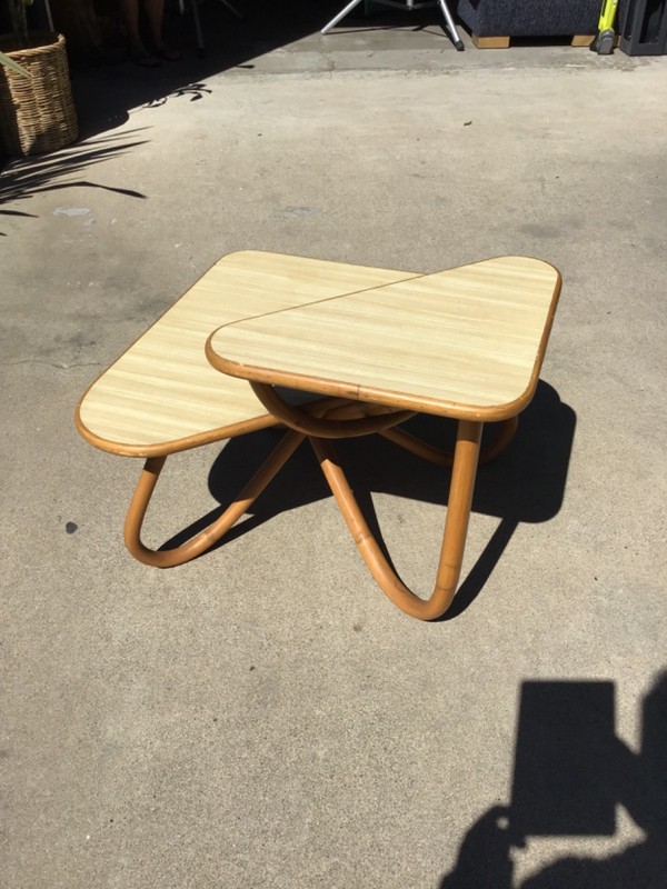 Mid Century Bi Level Triangle Rattan Bentwood Table Paul Frankl gallery