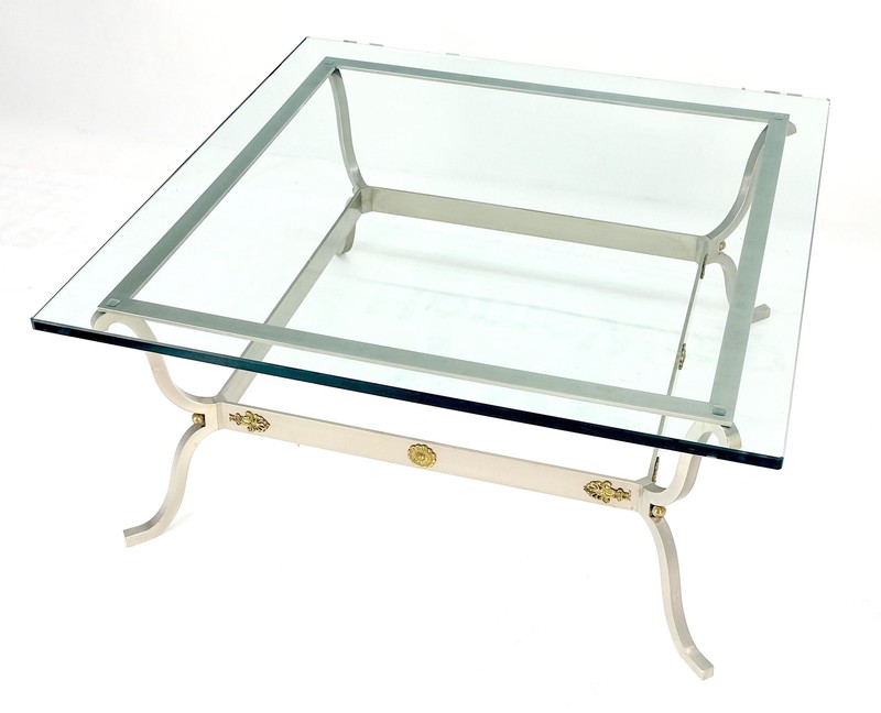 Jansen Atr. Brushed Steel Brass Mounts Rosettes Square 3/4" Glass Coffee Table gallery