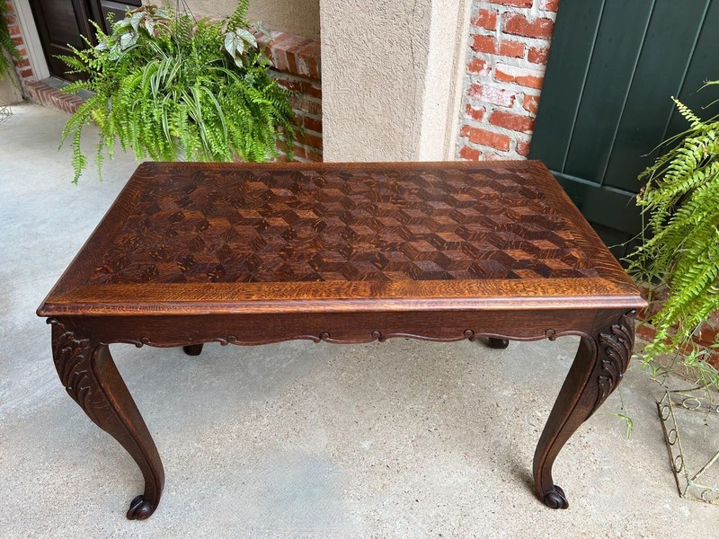 Antique French Breakfast Sofa Table Writing Desk Louis XV Carved Oak Parquet gallery