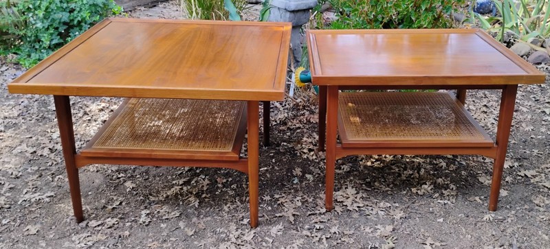 Vintage Drexel Declaration Mid Century Modern 2-Tier Walnut & Cane Tables MCM gallery