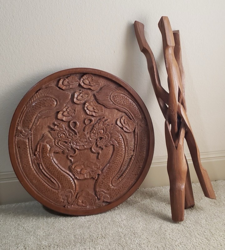 Vintage Asian Oriental Wood Carved Dragon Side Table w Folding Legs 19 Inch Tall gallery