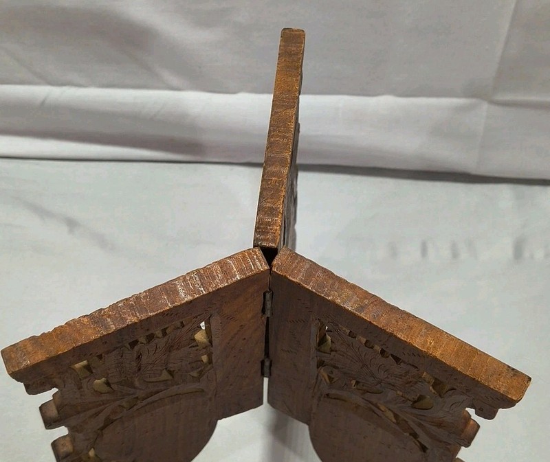 Vintage Hand Carved Anglo-Indian Folding side table Plant Stand Pedestal Inlay gallery