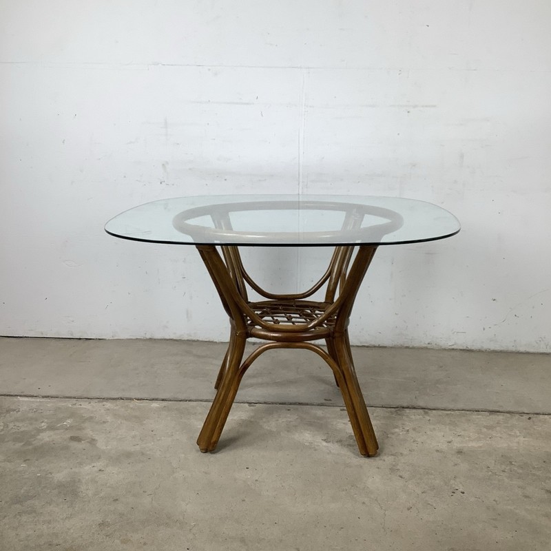 Vintage 1970s 1980s Rattan Dining Table Sculptural Base & Rounded Square Glass gallery