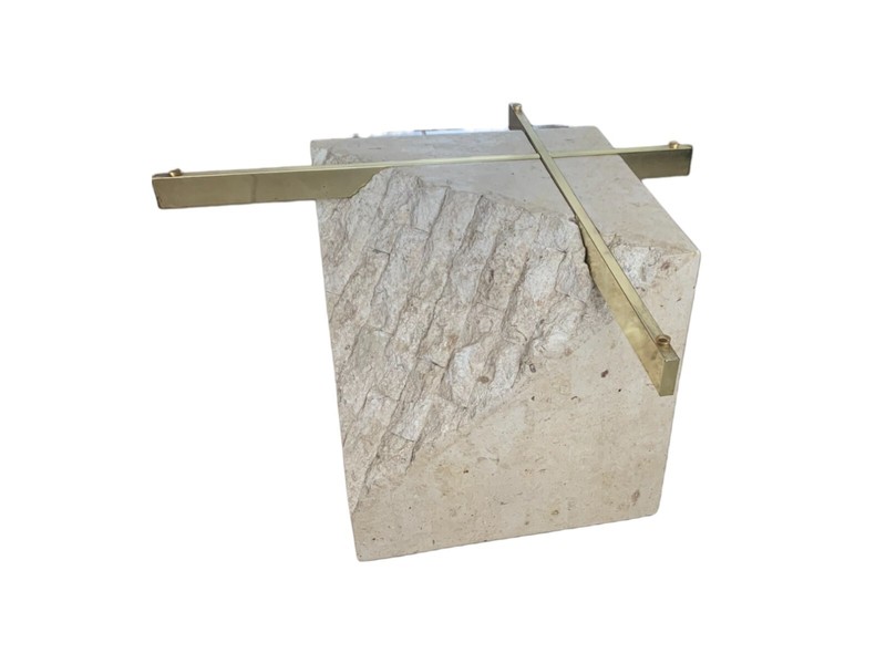 Postmodern Tesselated Mactan Stone and Brass Coffee Table With Glass Top gallery