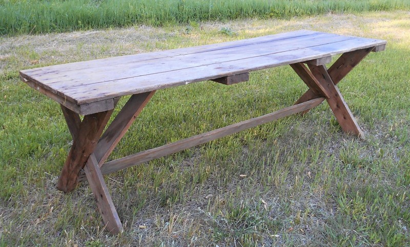ANTIQUE 19th CENTURY PRIMITIVE FARMHOUSE 8 FOOT LONG SAWBUCK HARVEST TABLE gallery