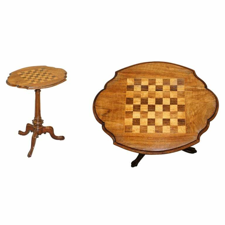 VICTORIAN 1880 WALNUT & MAHOGANY MARQUETRY INLAID CHESS GAMES TABLE ORNATE LEGS