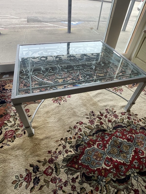 19th Century Style Wrought Iron Coffee Table with Beavled Glass Top gallery