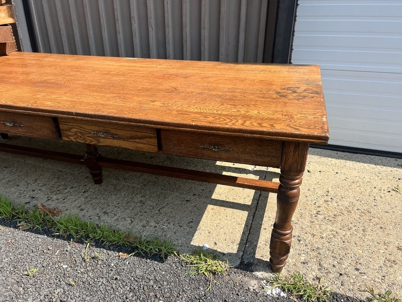 c1900 massive oak Trestle style table great patina 9’/42/30.5” - 10 drawers gallery