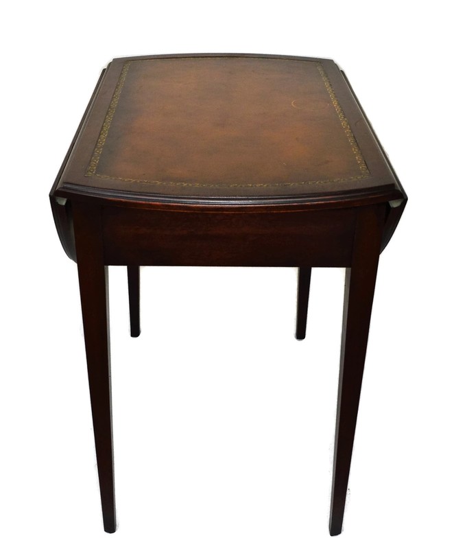 1940s Mahogany Pembroke Table Drop Leaves Gold Trimmed Leather Top and Drawer gallery