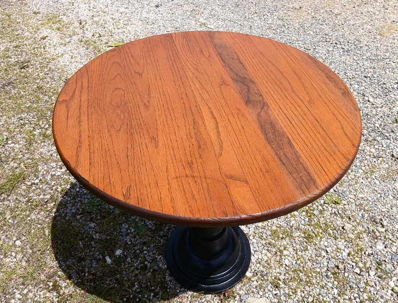Antique Round Oak Top Pub Table or Game Table with Cast Iron Column Base gallery
