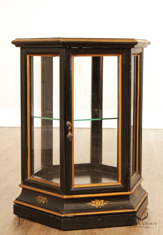 Chinoiserie Decorated Black and Gold Vitrine Side Table gallery