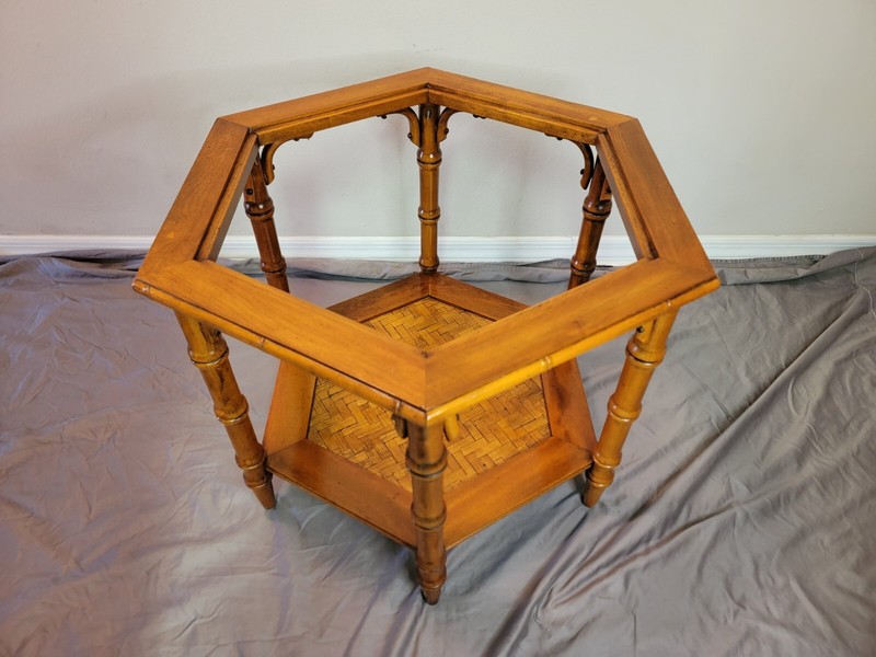 Vintage Mid-Century Hexagonal Coffee/Side Table, Glass-Top, Faux Bamboo/Rattan gallery