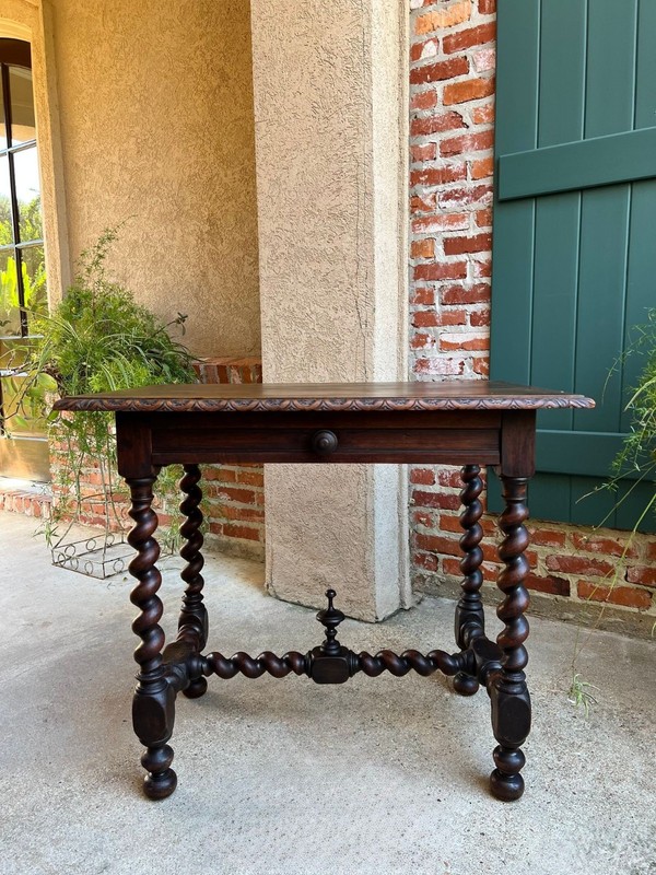 Antique English Console Table Writing Desk Jacobean Barley Twist Carved Oak gallery
