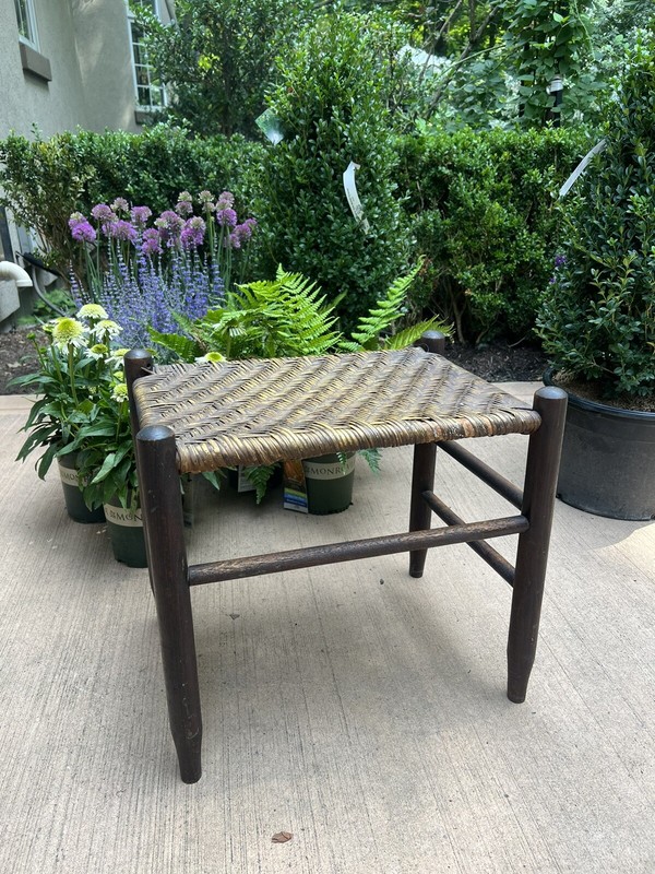 Old Hickory Stool with a Herringbone Rattan Seat 13” x 18.5” x 18” Tall