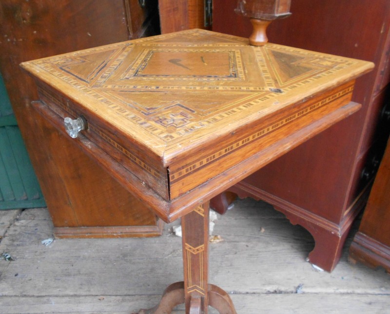 ANTIQUE ONE OF A KIND FOLK ART INLAID ONE DRAWER SMOKING STAND gallery