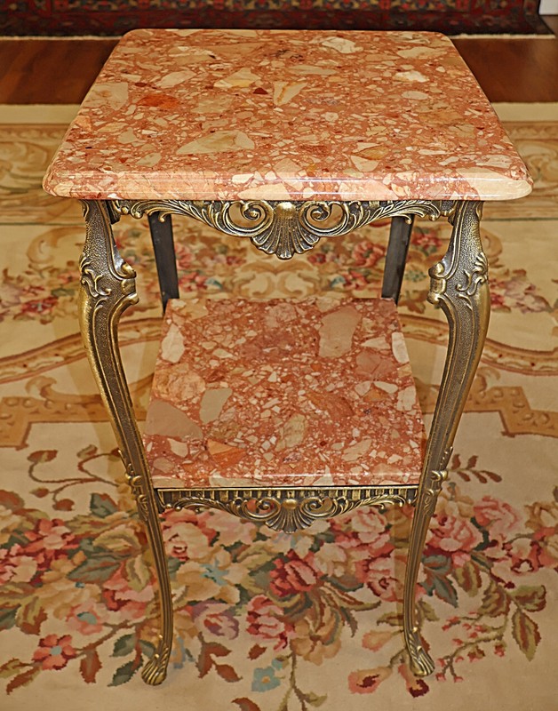 ​​Italian Square Bronze And Marble Two Tier End Table Pedestal Table