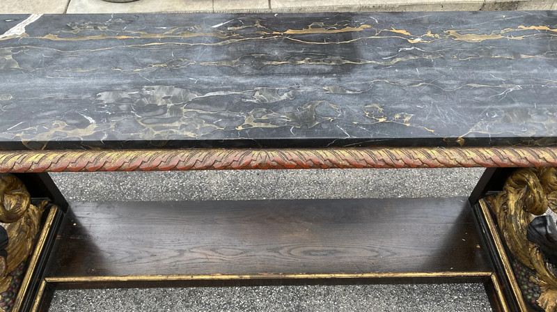 19th/20th c Gilt & Ebonized Marble Top Pier Table with Winged Caryatid Supports gallery
