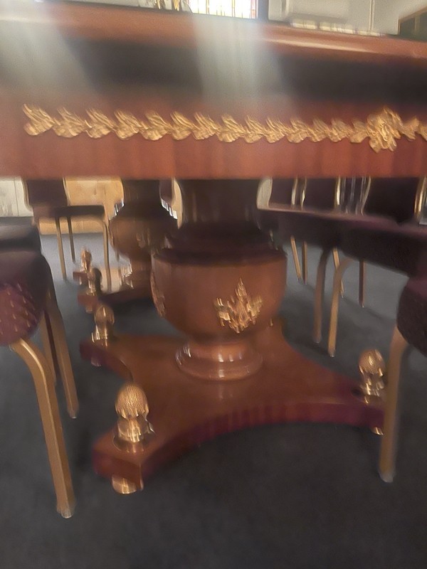 Antique Ornate Rectangular Wood Dining Table Brown Gold Carvings Seats 16 gallery