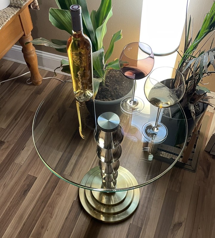 Vintage Bloomingdales Lucite Ball & Brass Glass Top Side Table (24” H X 20 W)