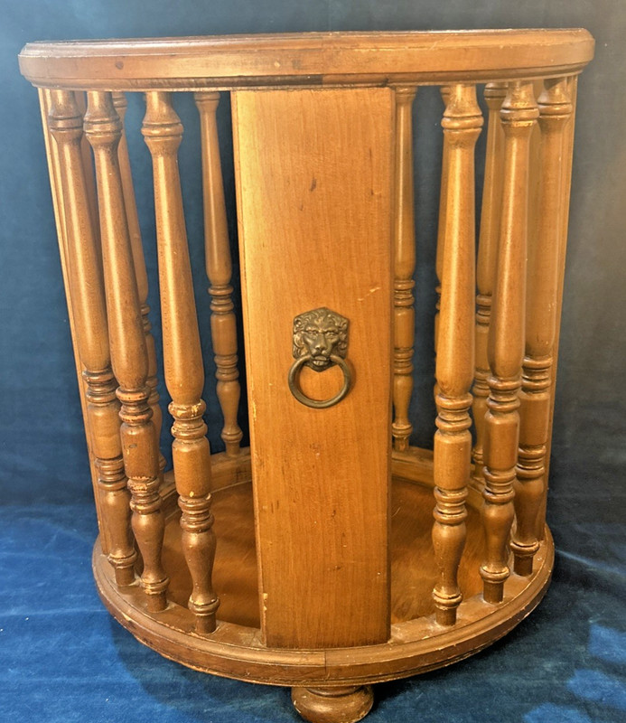 Vintage Butler Co Wood Accent Table 706 Plant Stand Wastebasket Metal Lion Knob