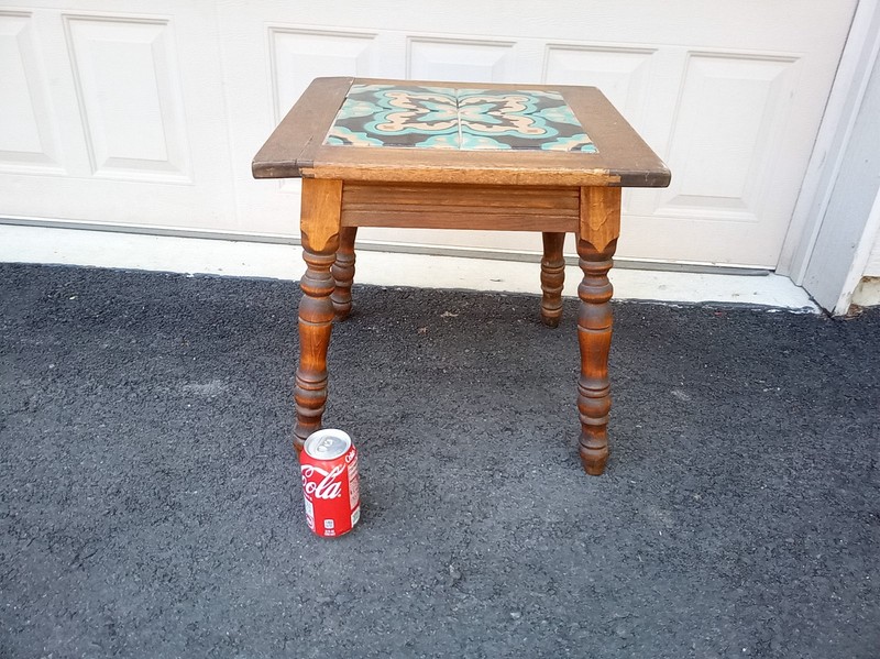 Vintage 40s Mexican tile top wood table 17.5 x 17 x 17" gallery