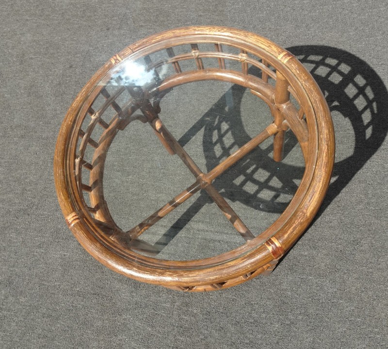 Vintage French Country Bamboo Rattan End Table Side Table w Glass Top gallery