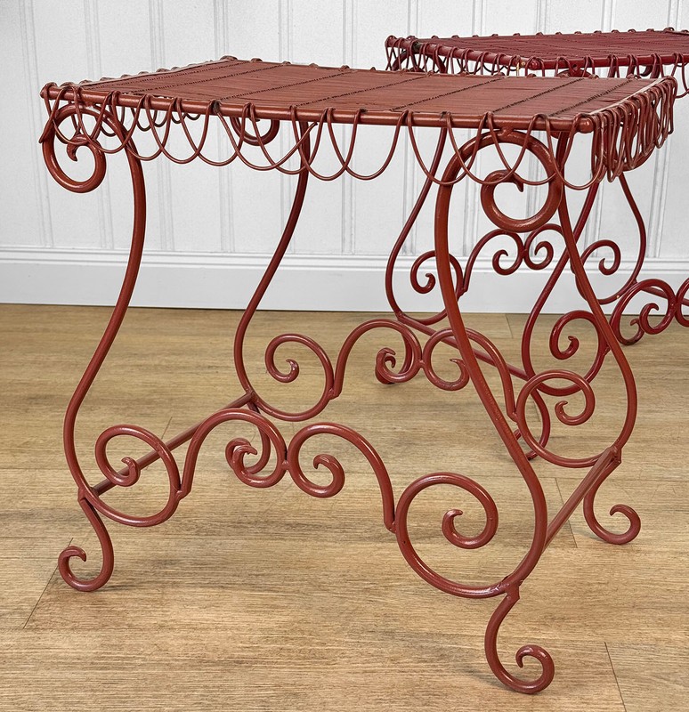 Vintage Whimsical Magenta Wrought Iron Garden Patio Side Tables - A Pair gallery