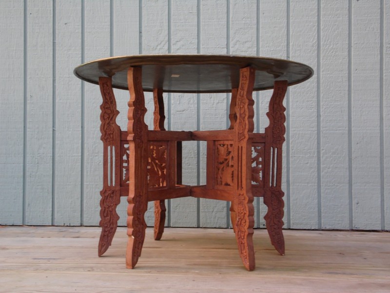 Vintage Middle Eastern Carved Teak & Engraved Brass Tray Top Folding Table gallery